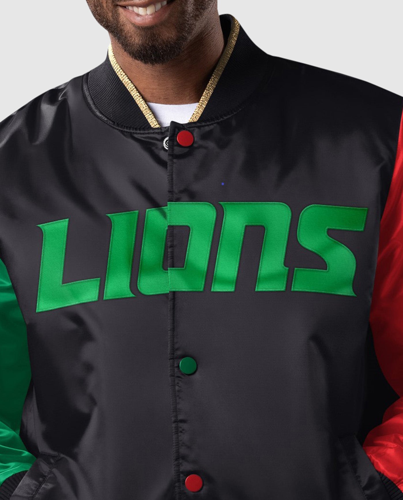 Front Detail of Detroit Lions Black History Month Quilted Lining Satin Full-Snap Jacket | Black
