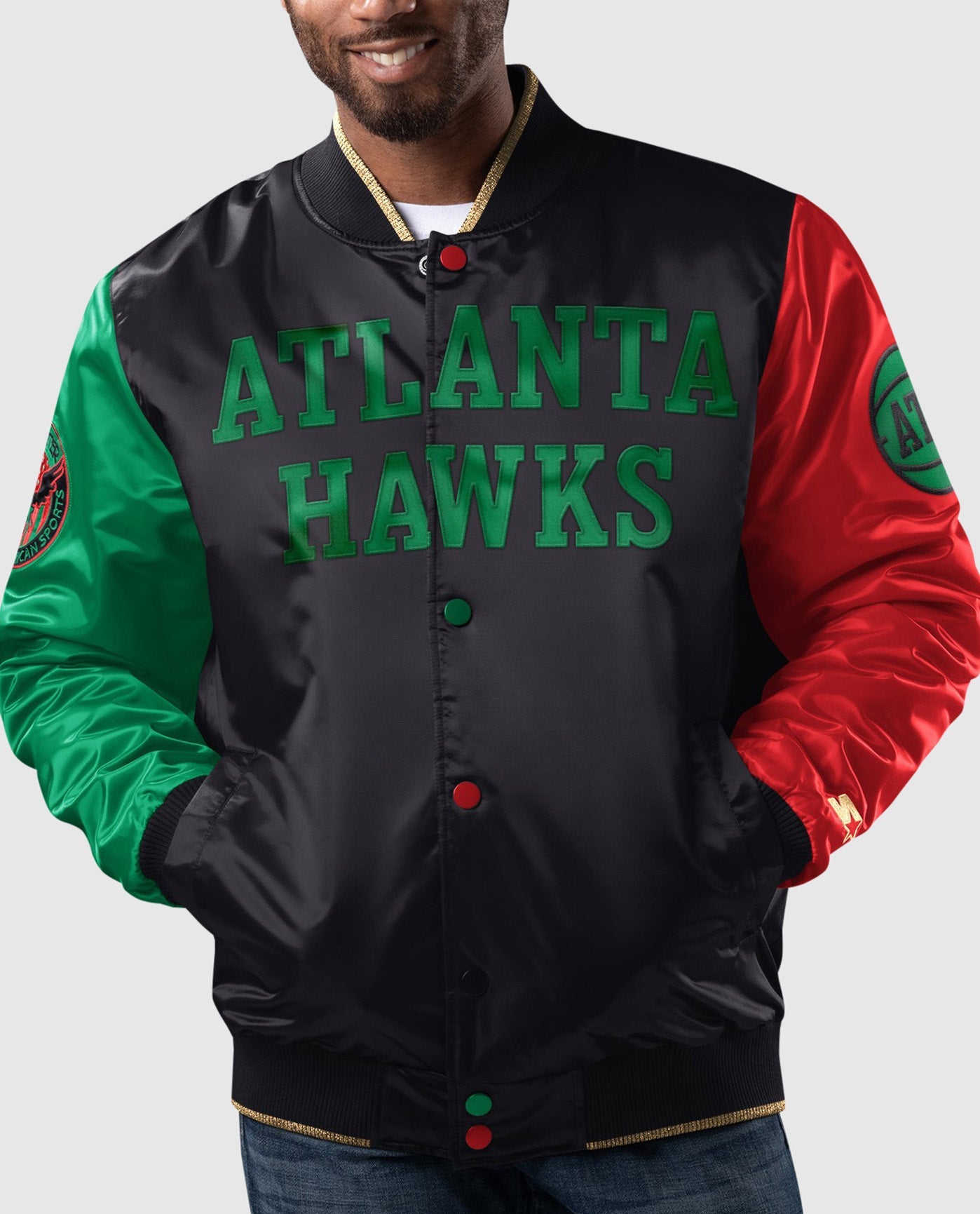 Front of Atlanta Hawks Black History Month Quilted Lining Satin Full-Snap Jacket | Black