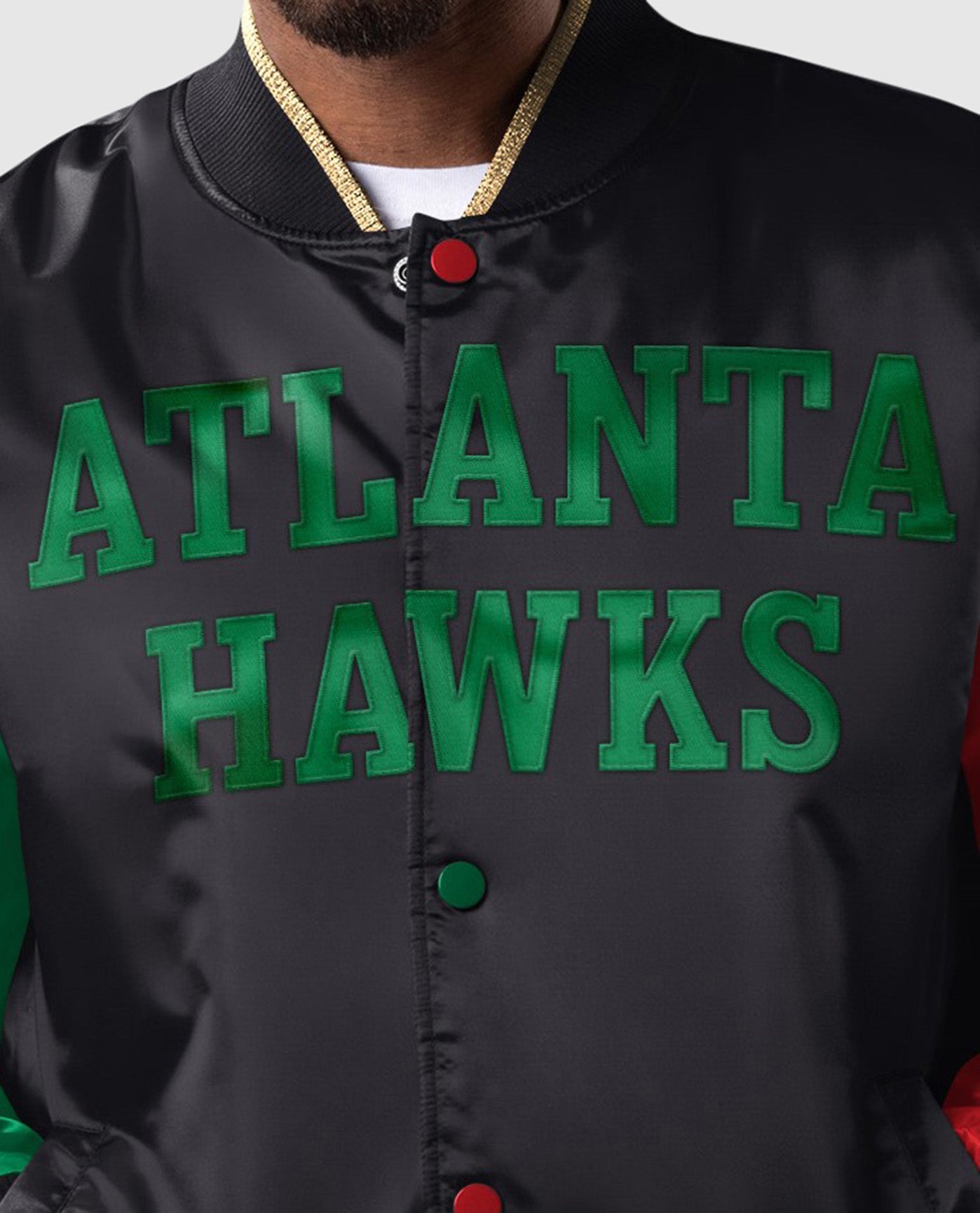 Front Detail of Atlanta Hawks Black History Month Quilted Lining Satin Full-Snap Jacket | Black