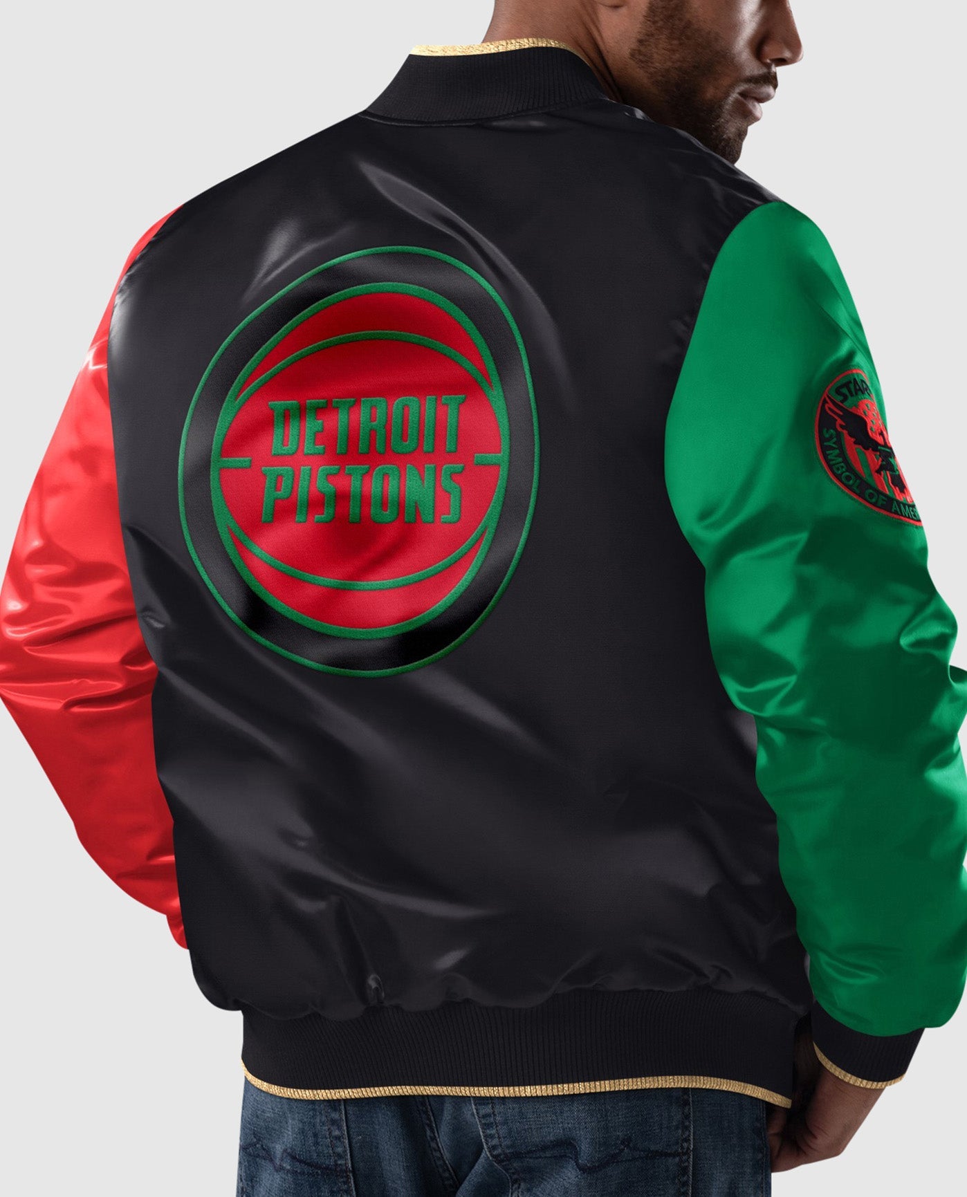 Back of Detroit Pistons Black History Month Quilted Lining Satin Full-Snap Jacket | Black