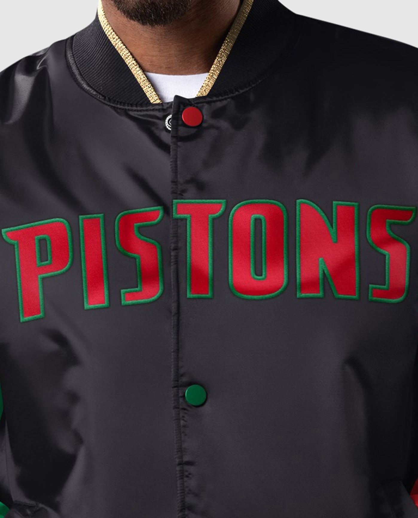Front Detail of Detroit Pistons Black History Month Quilted Lining Satin Full-Snap Jacket | Black