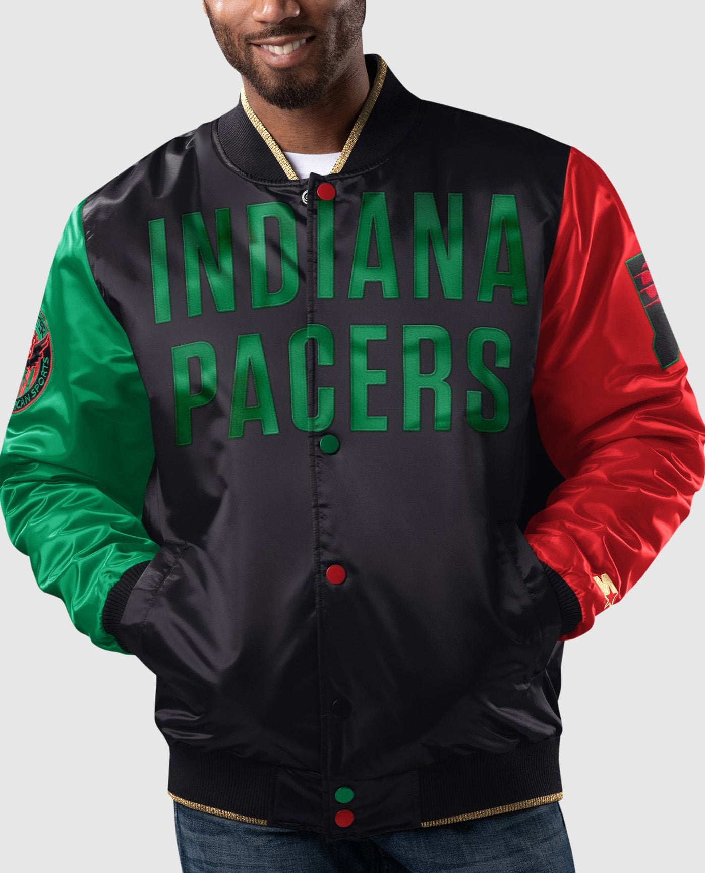Front of Indiana Pacers Black History Month Quilted Lining Satin Full-Snap Jacket | Black
