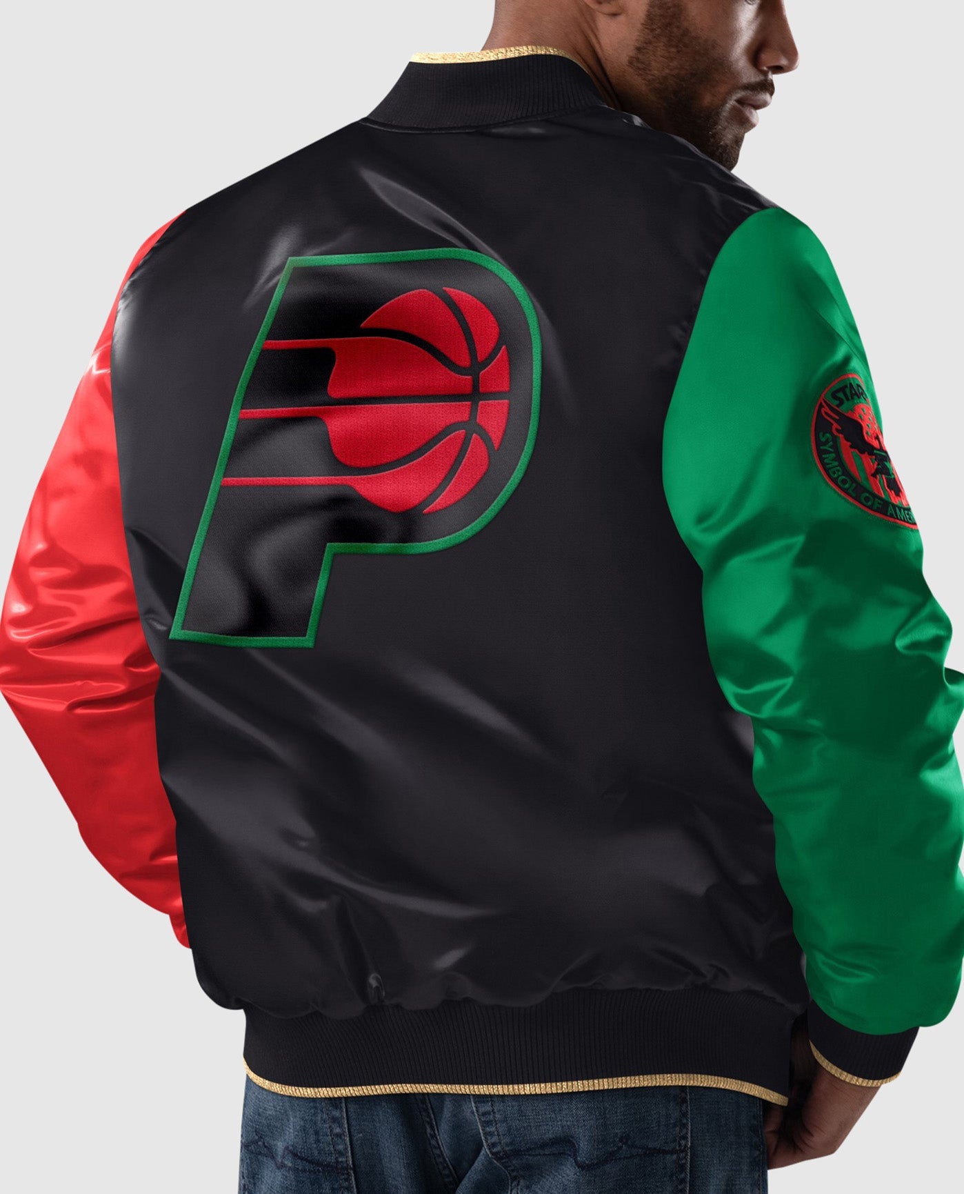 Back of Indianapolis Pacers Black History Month Quilted Lining Satin Full-Snap Jacket | Black