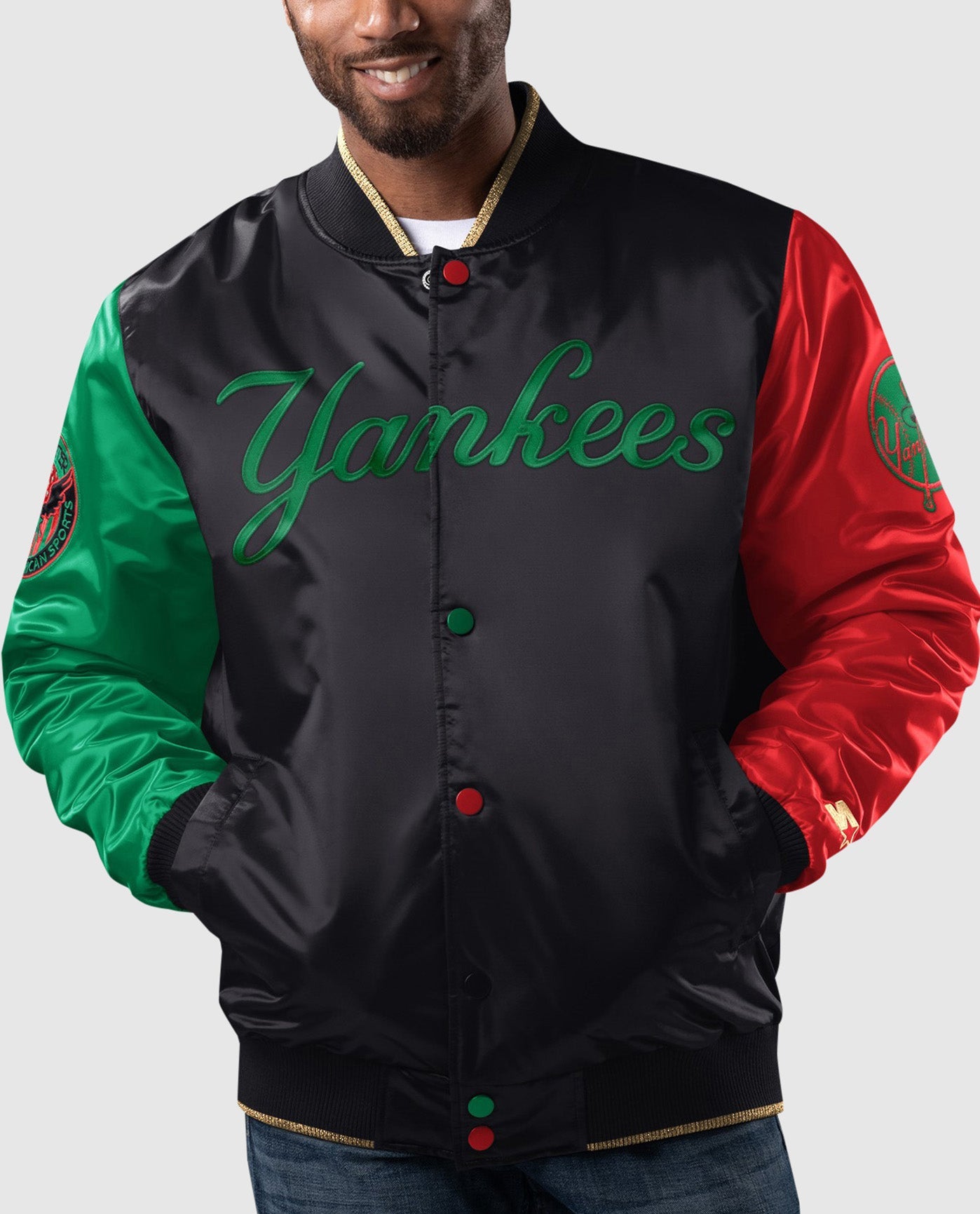 Front of New York Yankees Black History Month Quilted Lining Satin Full-Snap Jacket | Black