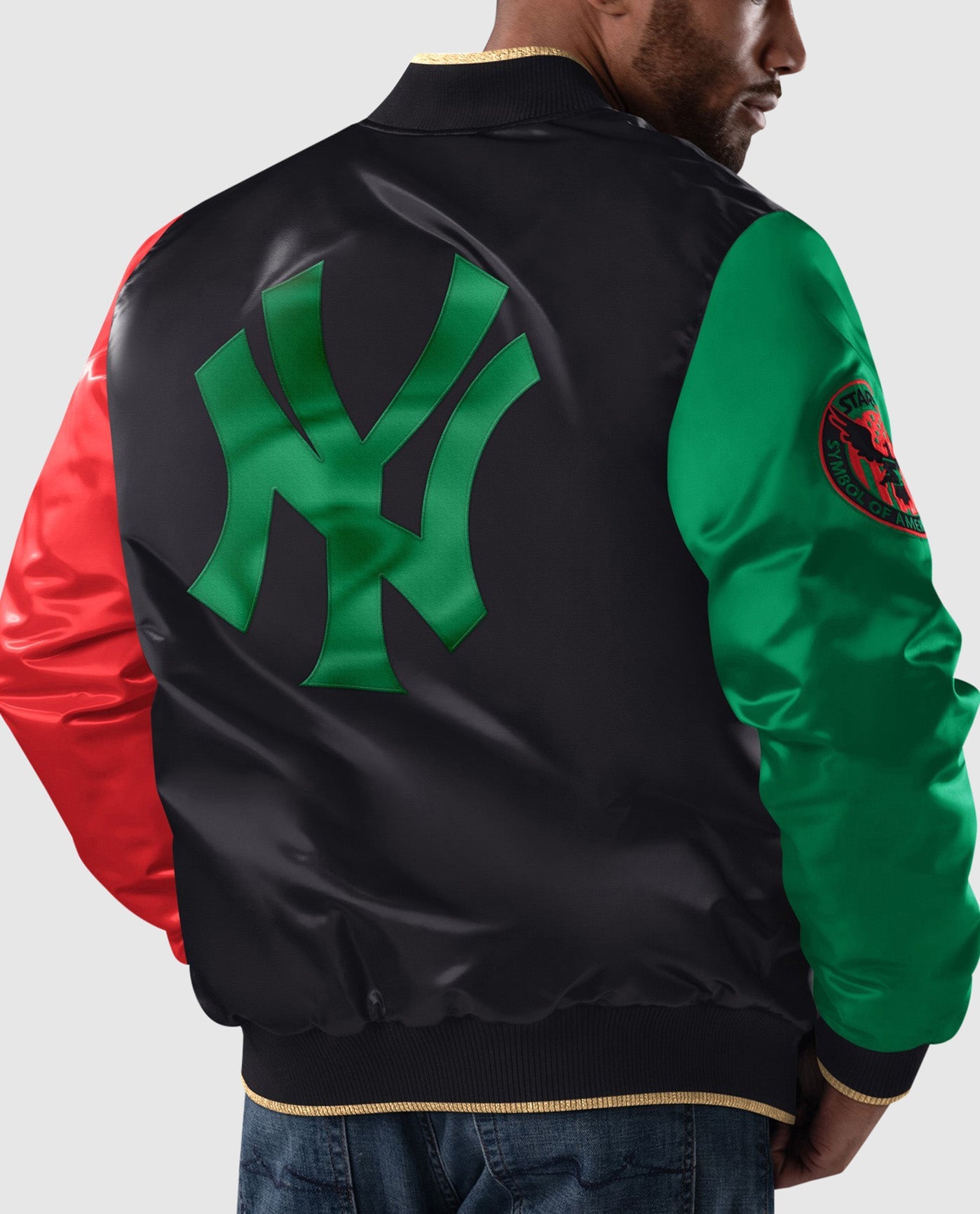 Back of New York Yankees Black History Month Quilted Lining Satin Full-Snap Jacket | Black