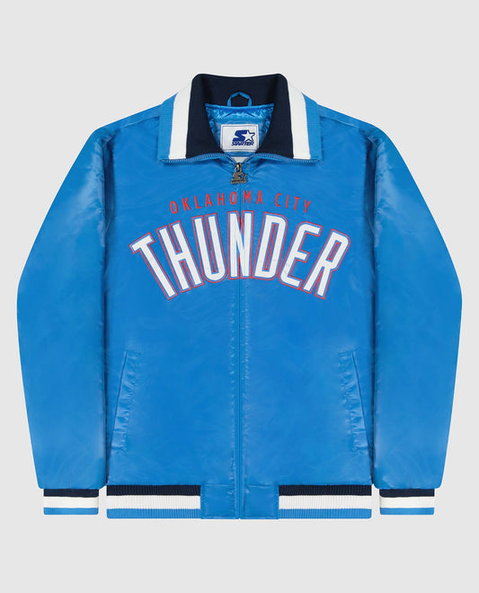 Front of Oklahoma City Thunder Varsity Satin Full-Snap Starter Jacket | Thunder Light Blue
