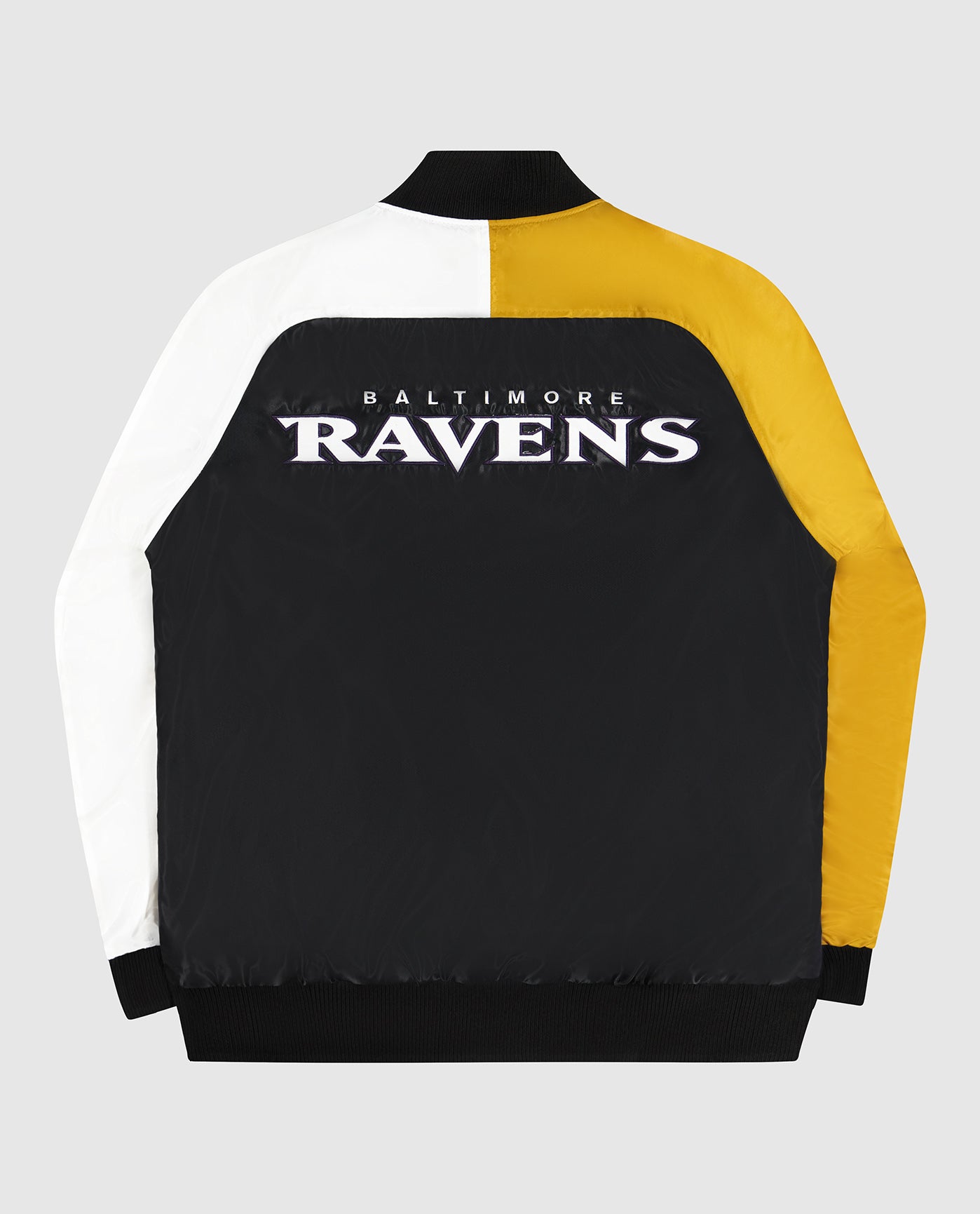 Back of Baltimore Ravens Varsity Satin Full-Snap Jacket | Ravens Purple