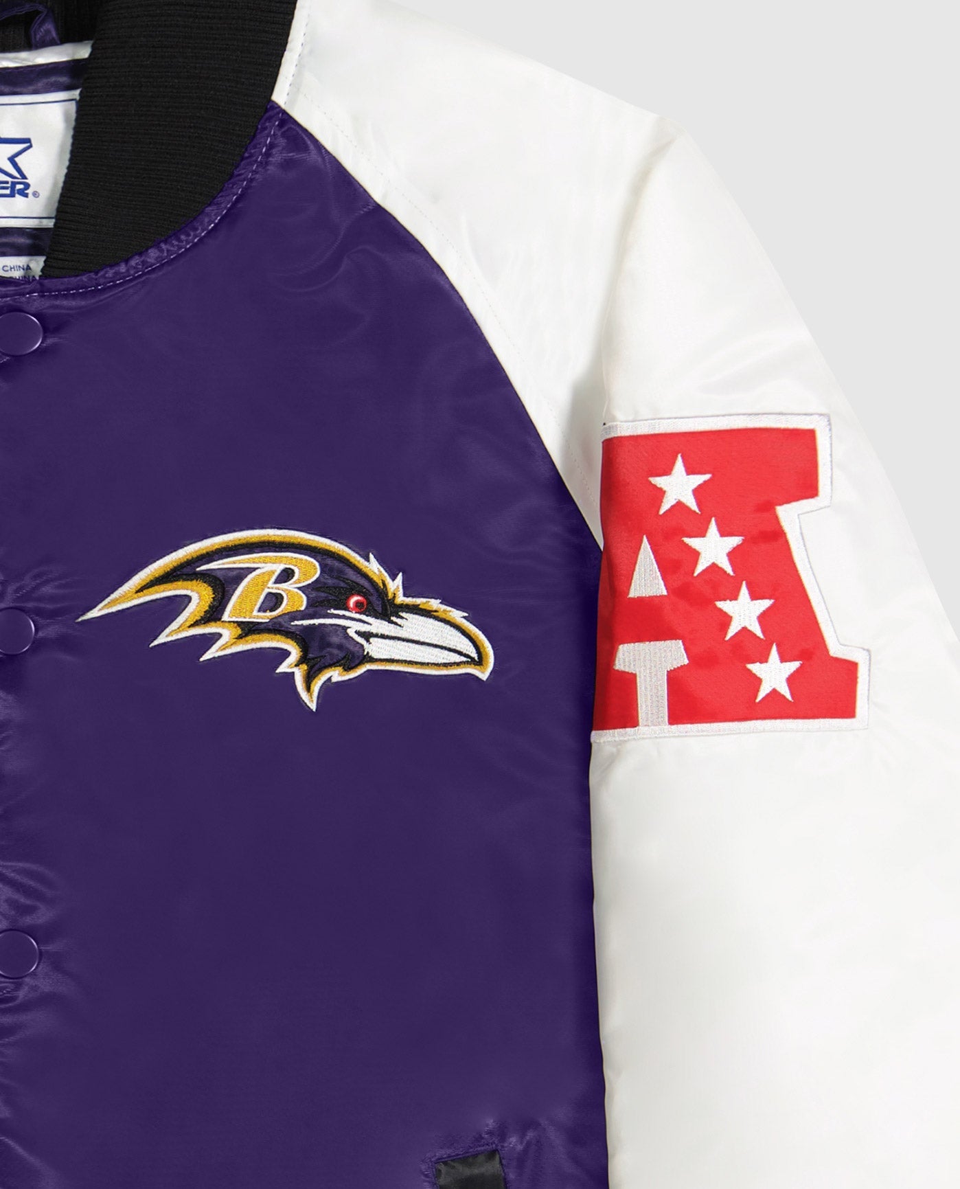 Baltimore ravens logo top left chest and Twill Applique Conference logo on the sleeves | Ravens Purple