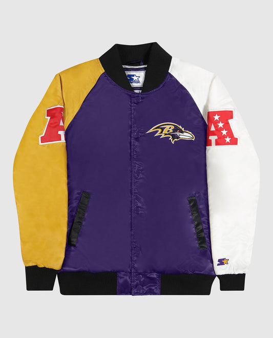 Front of Baltimore Ravens Varsity Satin Full-Snap Jacket | Ravens Purple