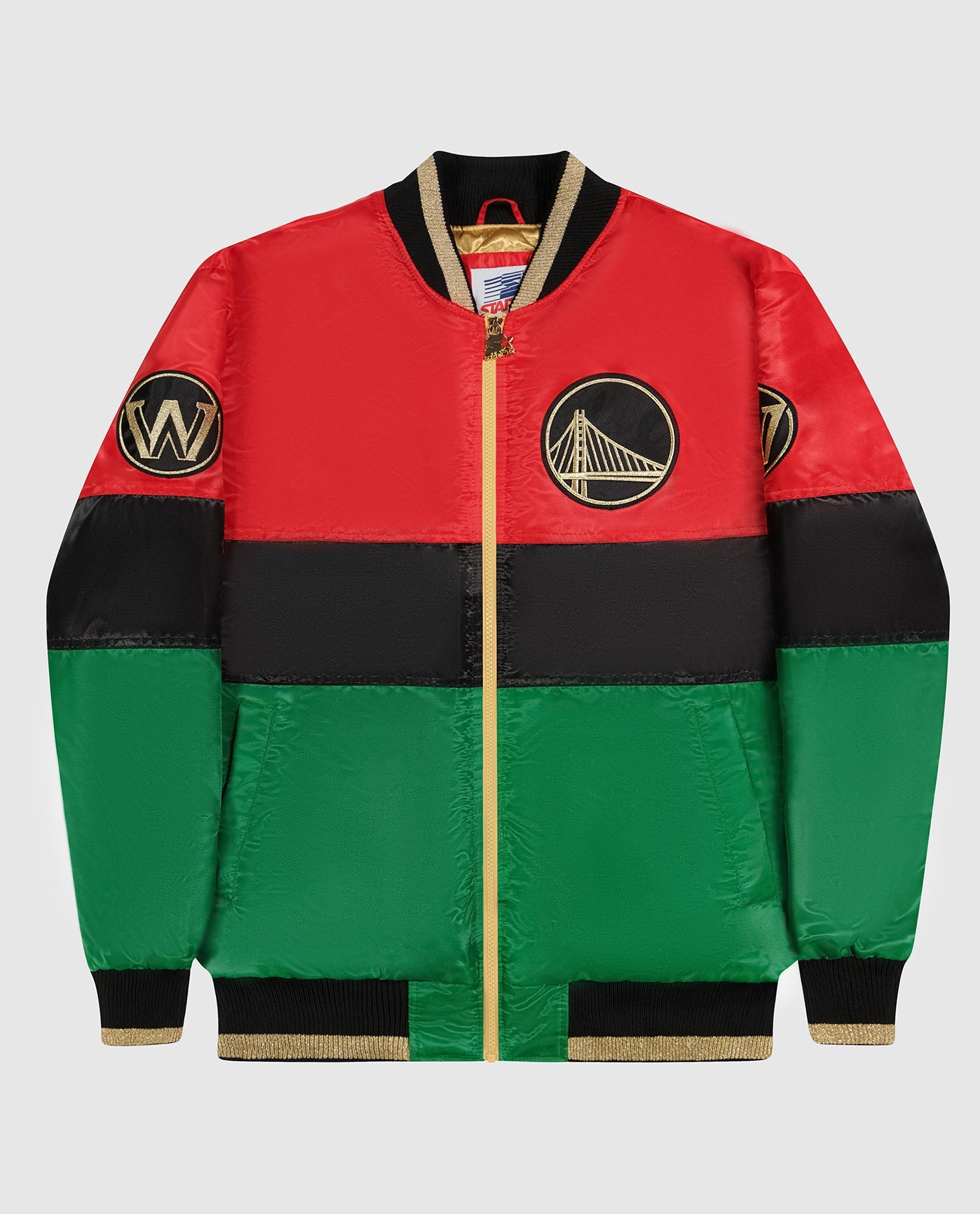 Front of Golden State Warriors Black History Month Full-Zip Jacket | Warriors Red Black Green