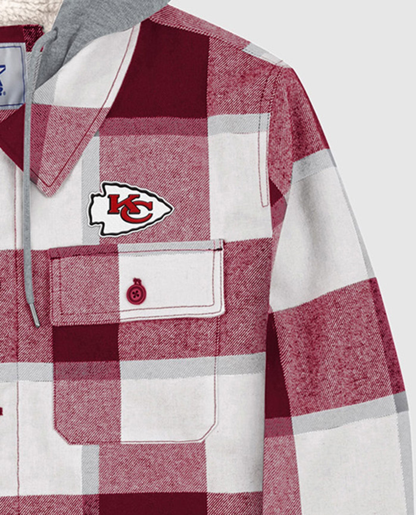 Logo On Chest Of Kansas City Chiefs The Big Joe Sherpa Lined Plaid Jacket | Red