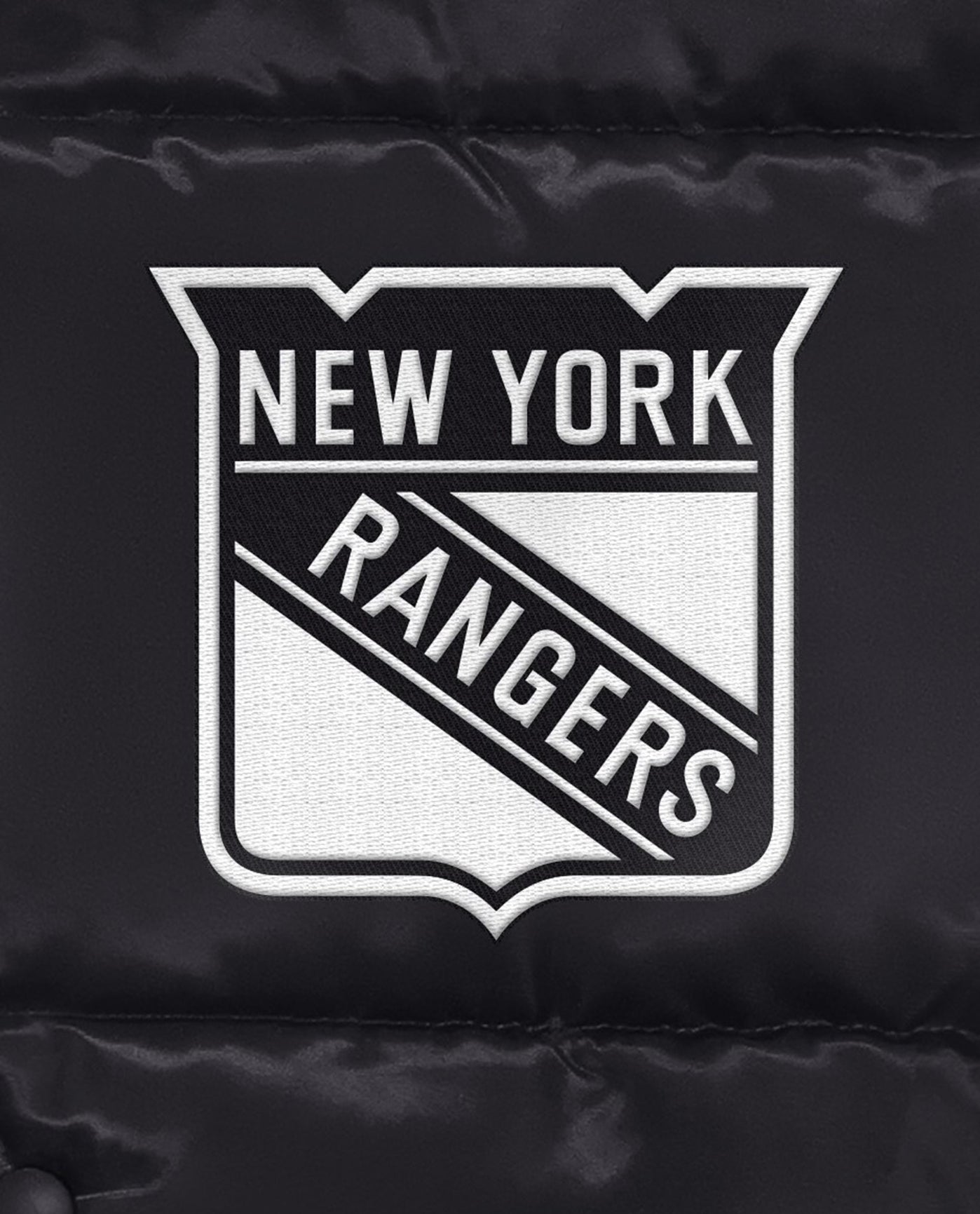 Logo On Front Of New York Rangers Down Fill Puffer Jacket | Black