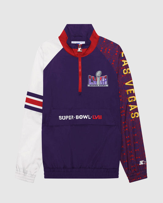 Front of Super Bowl LVIII Nylon Elite Half-Zip Pullover Jacket | Super Bowl Violet