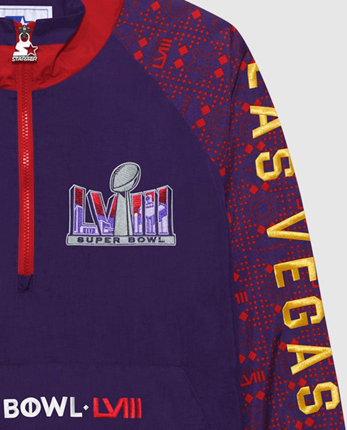 Left Arm Detail of Super Bowl LVIII Nylon Elite Half-Zip Pullover Jacket | Super Bowl Violet