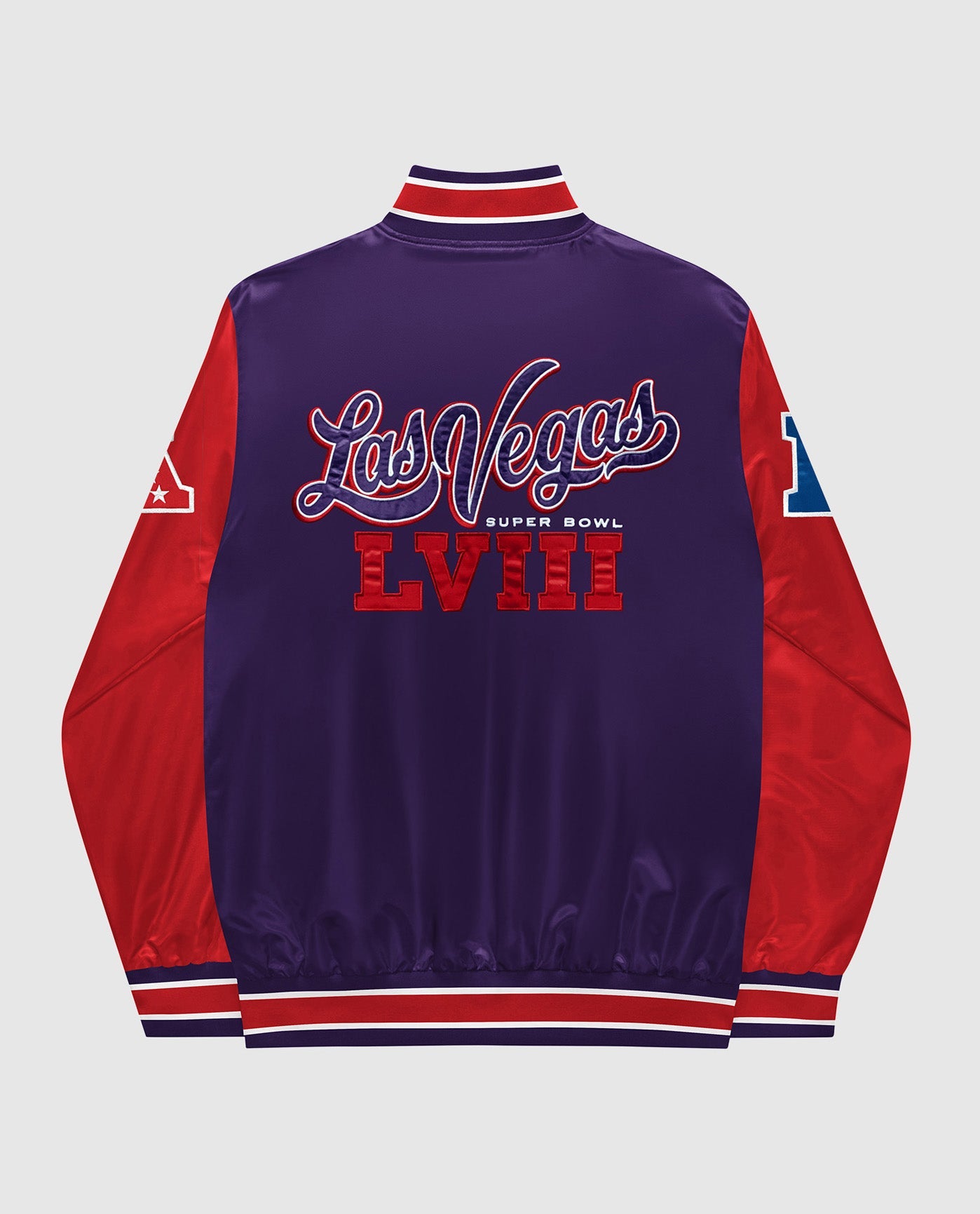 Back of Super Bowl LVIII Satin Full-Snap Varsity Jacket | Super Bowl Violet