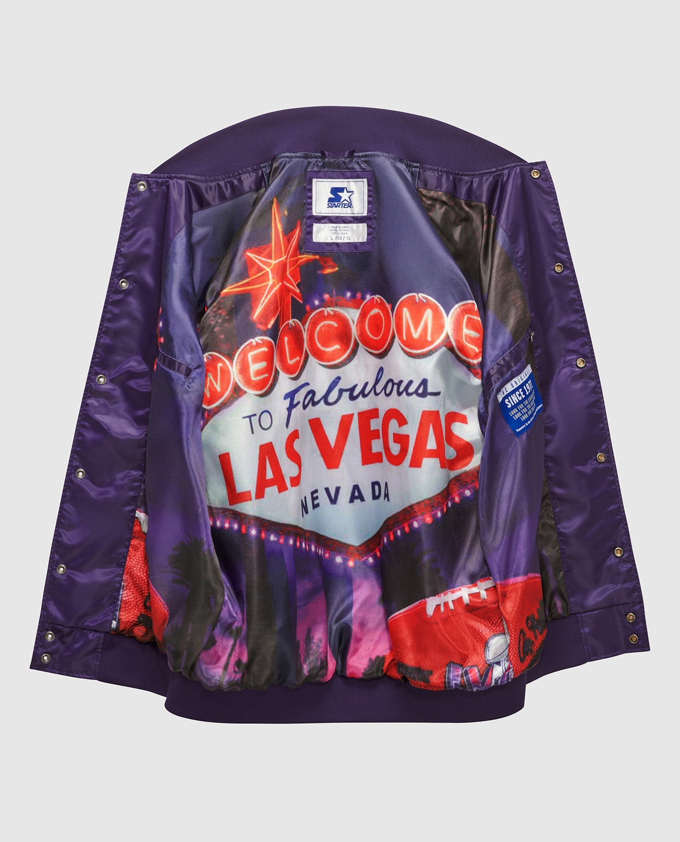 Left Side of Super Bowl LVIII Satin Full-Snap Varsity Jacket | Super Bowl Violet