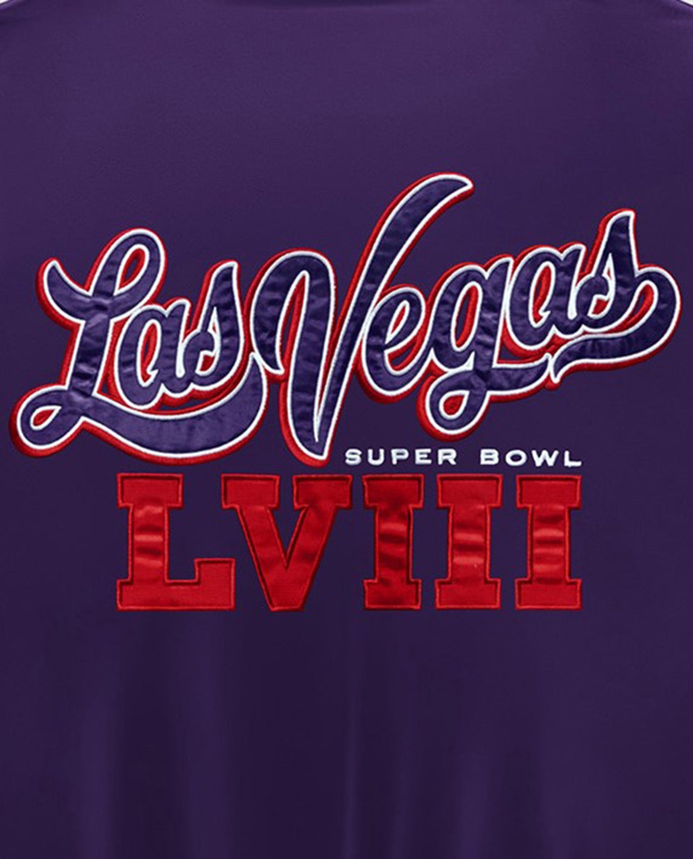 Back Logo Detail of Super Bowl LVIII Satin Full-Snap Varsity Jacket | Super Bowl Violet