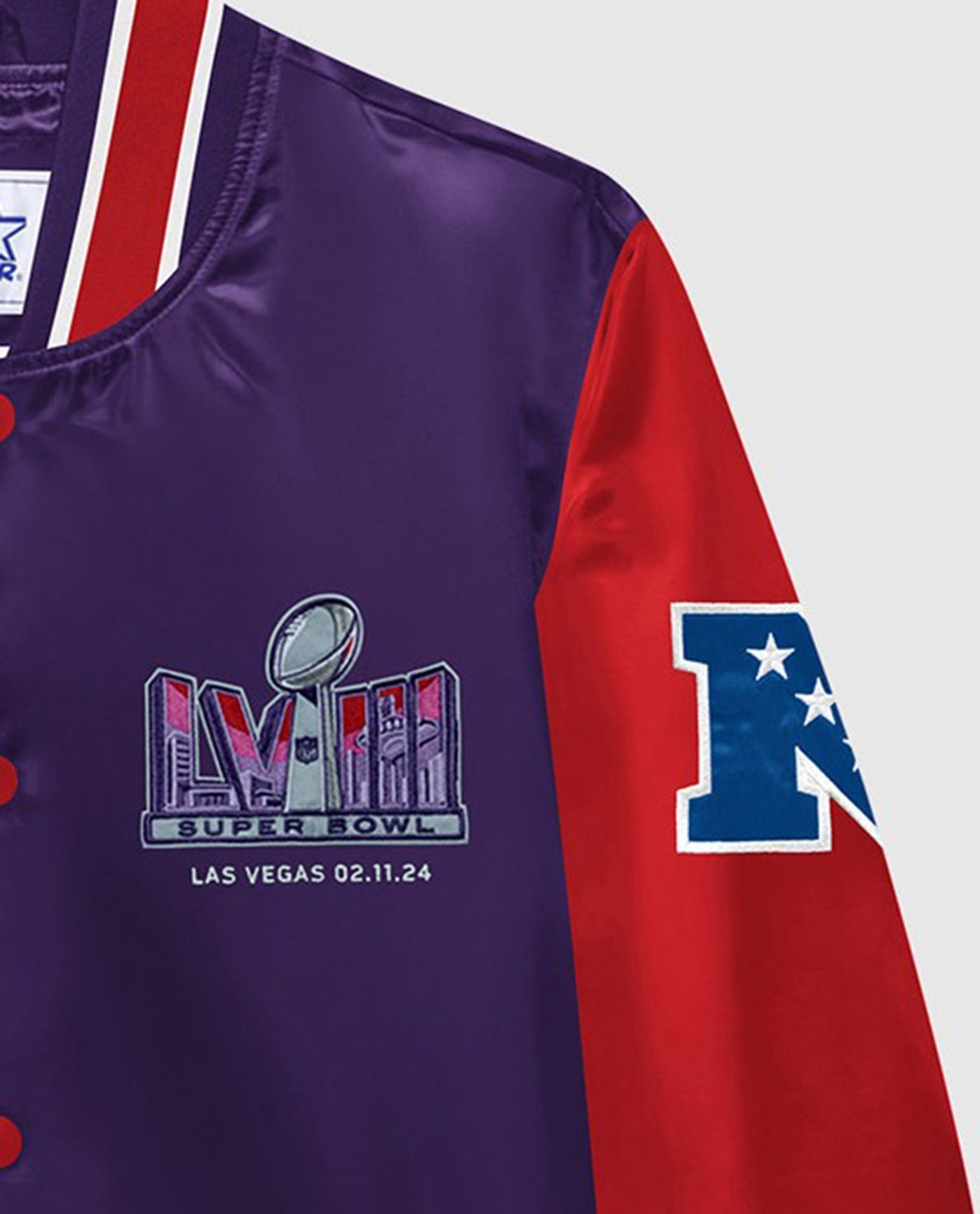 Left Arm Detail of Super Bowl LVIII Satin Full-Snap Varsity Jacket | Super Bowl Violet