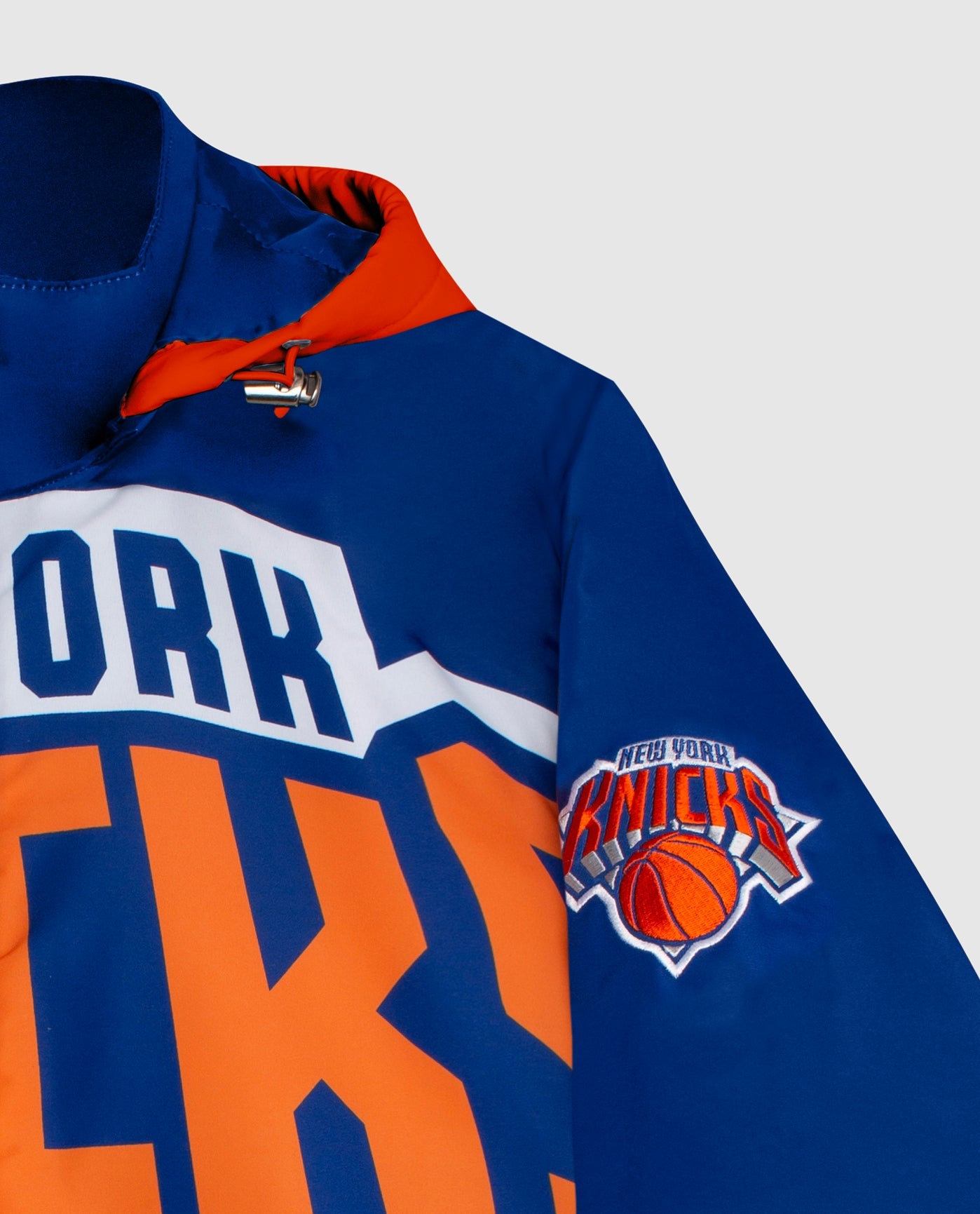 Team Logo On Sleeve Of New York Knicks Hooded Nylon Full-Zip Jacket | Knicks Blue