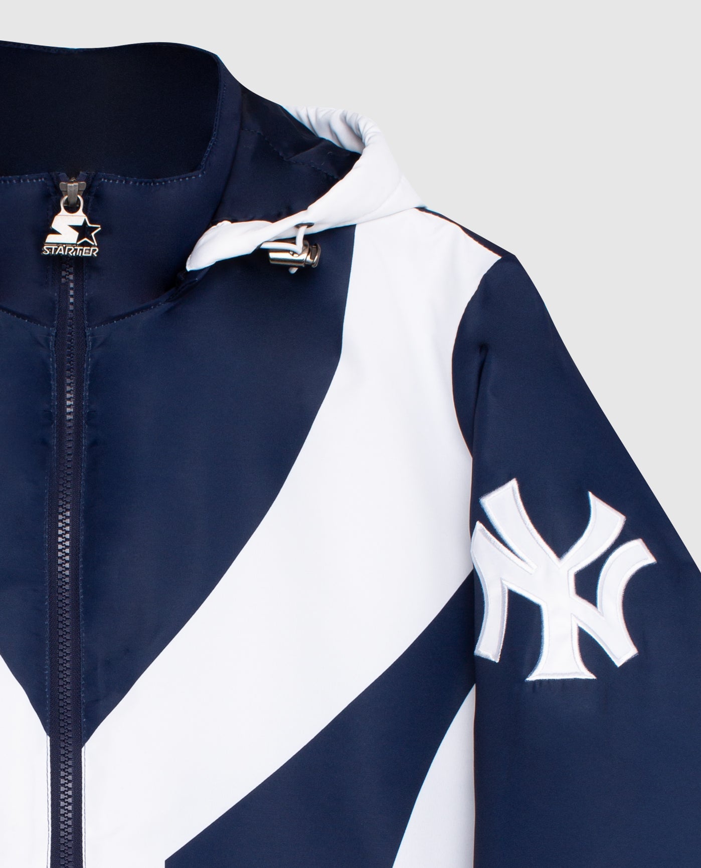 Team Logo On Sleeve Of New York Yankees Hooded Nylon Full-Zip Jacket | Yankees Navy
