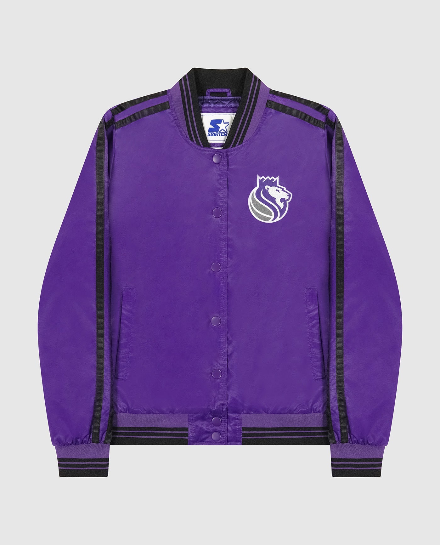 Front of Women's Sacramento Kings Varsity Satin Full-Snap Jacket | Kings Purple