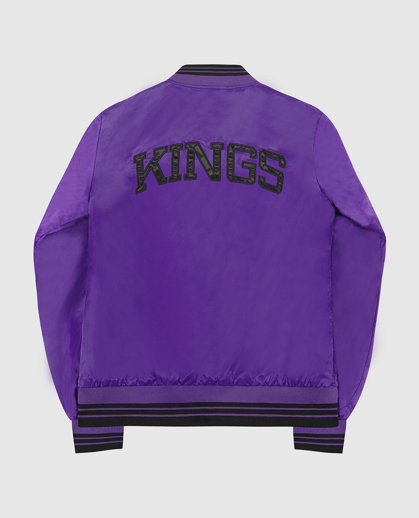 Back of Women's Sacramento Kings Varsity Satin Full-Snap Jacket | Kings Purple