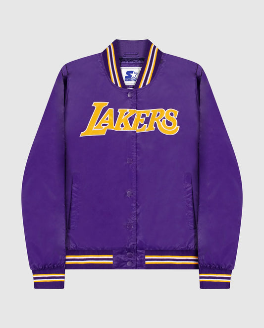 Front of Women's Los Angeles Lakers Varsity Satin Full-Snap Jacket | Lakers Purple