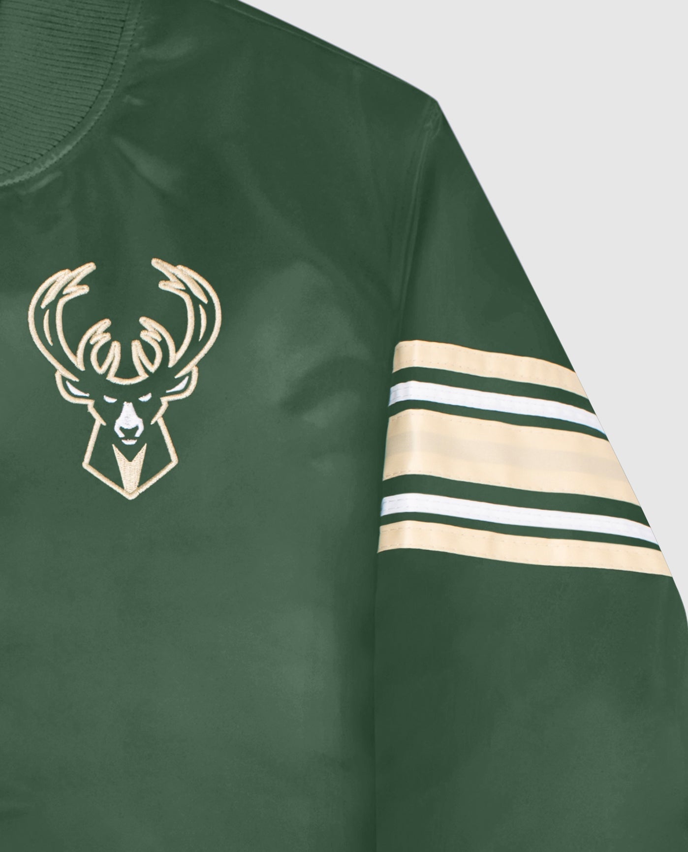 Front Team Logo Emblem and Sleeve Stripe on Women's Milwaukee Bucks Varsity Satin Full-Snap Jacket | Bucks Green