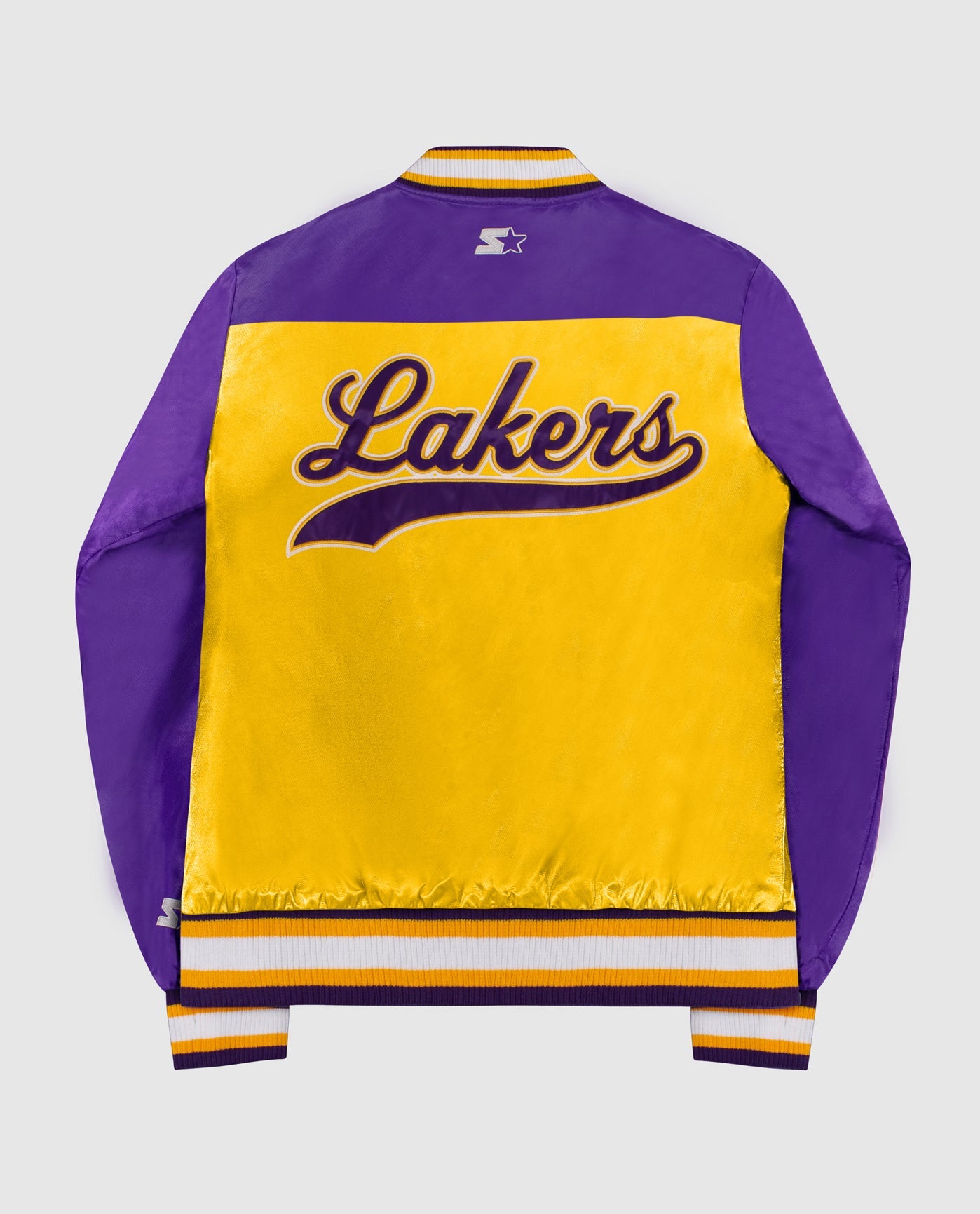Back of Women's Los Angeles Lakers Varsity Satin Full-Snap Jacket | Lakers Yellow