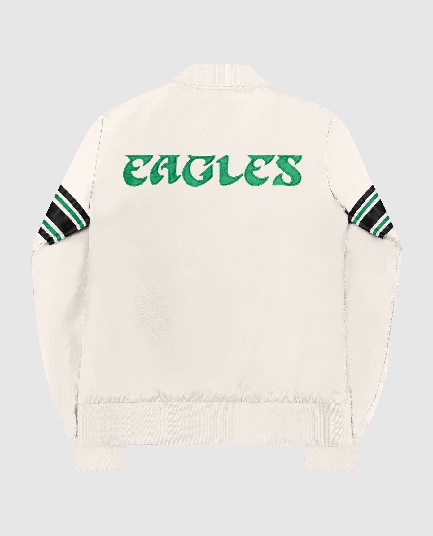 Back of Women's Philadelphia Eagles Varsity Satin Full-Snap Jacket | Eagles Cream