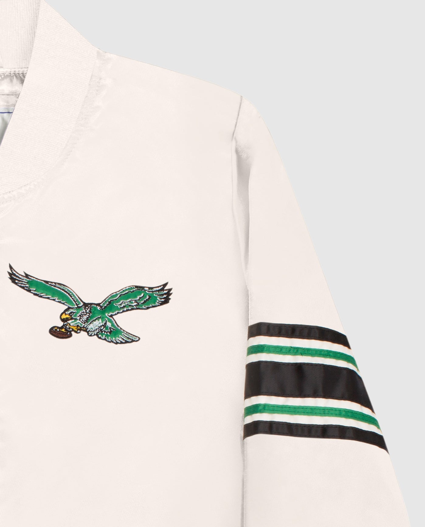 Team Logo and Sleeve Stripe of Women's Philadelphia Eagles Varsity Satin Full-Snap Jacket | Eagles Cream
